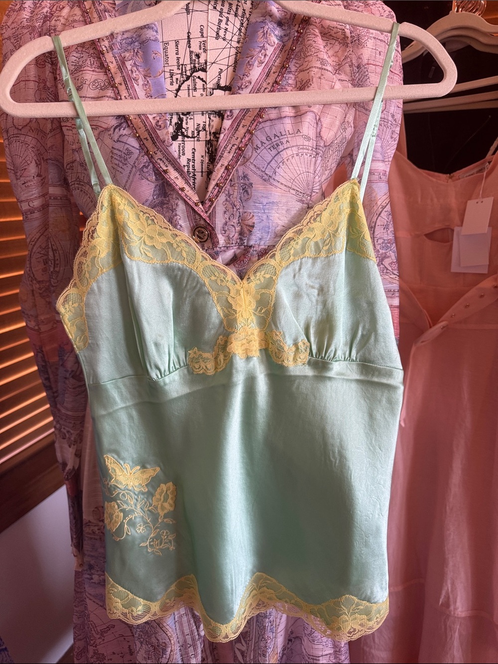 Gold Hawk Silk Cami With Butterfly Lace Embroidery&Border, Washable Silk. NWT